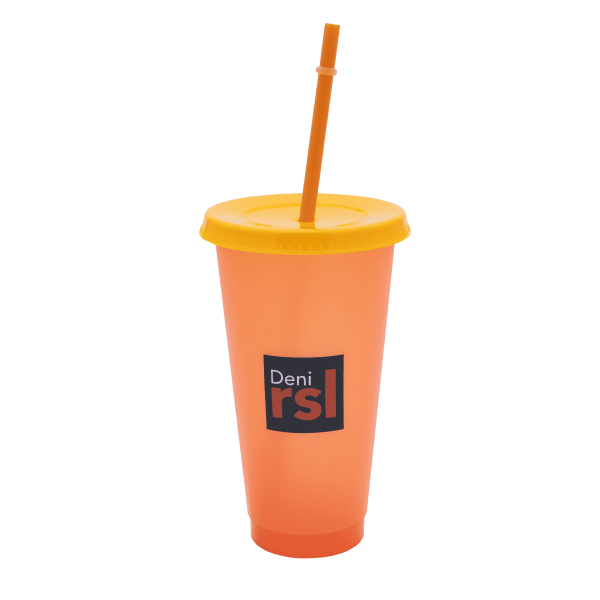 A drink bottle in orange plastic with a yellow lid and straw, featuring a logo. Ideal for beverages.