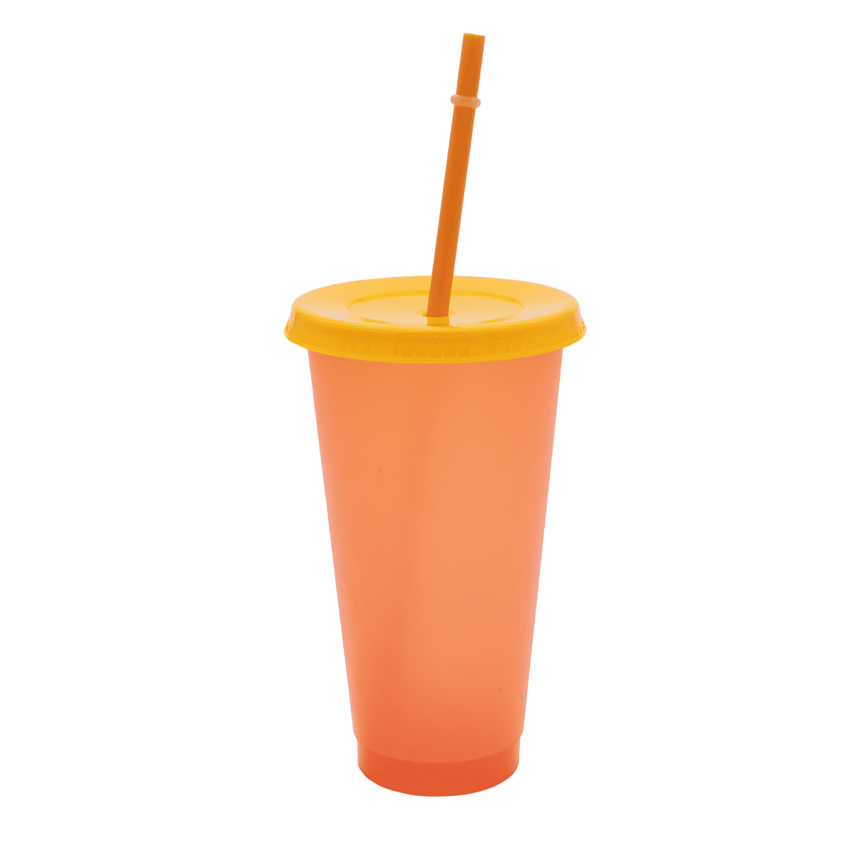 A drink bottle featuring a translucent orange body with a yellow lid and straw, and includes a logo.