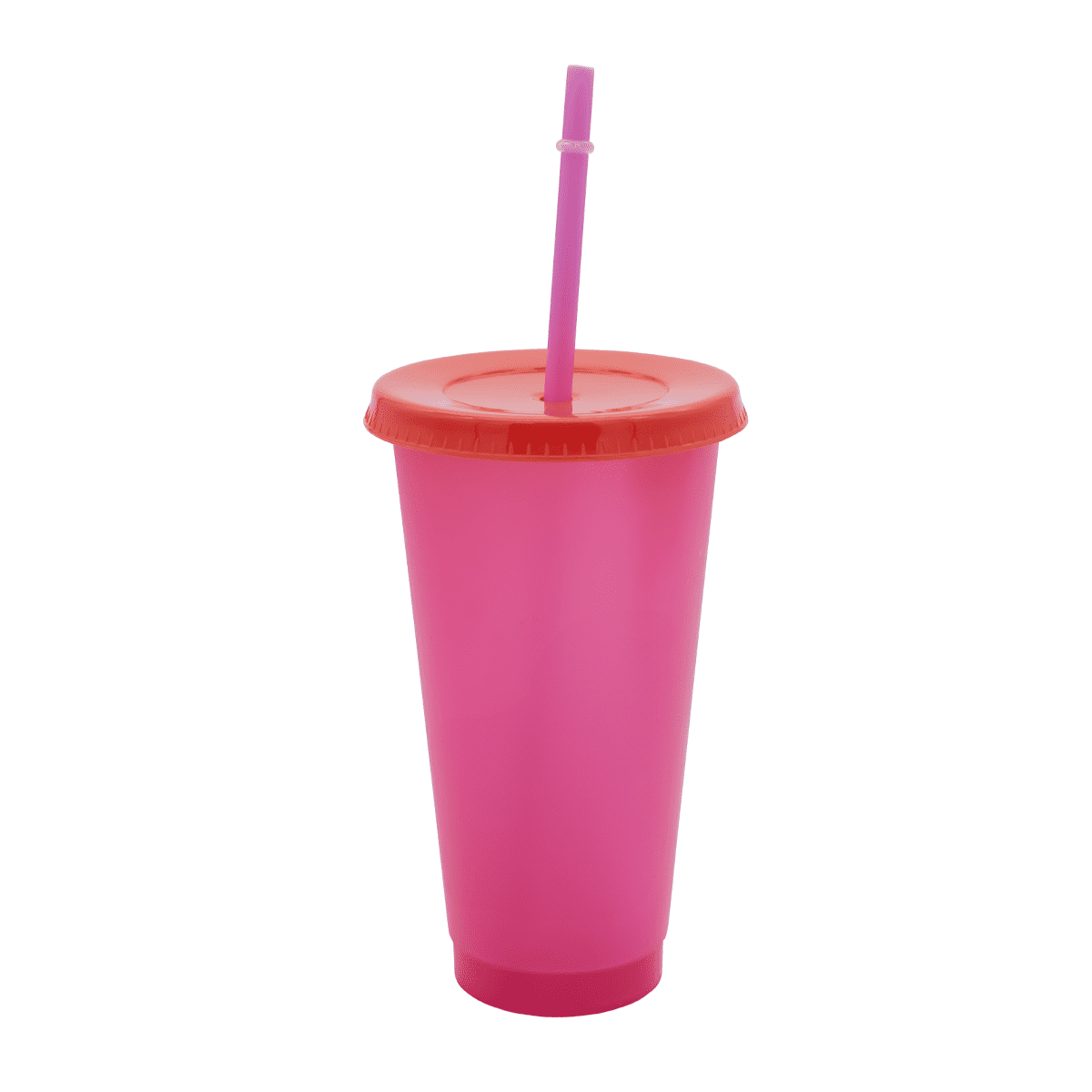 A drink bottle in vibrant pink with a matching lid and straw, featuring a logo.