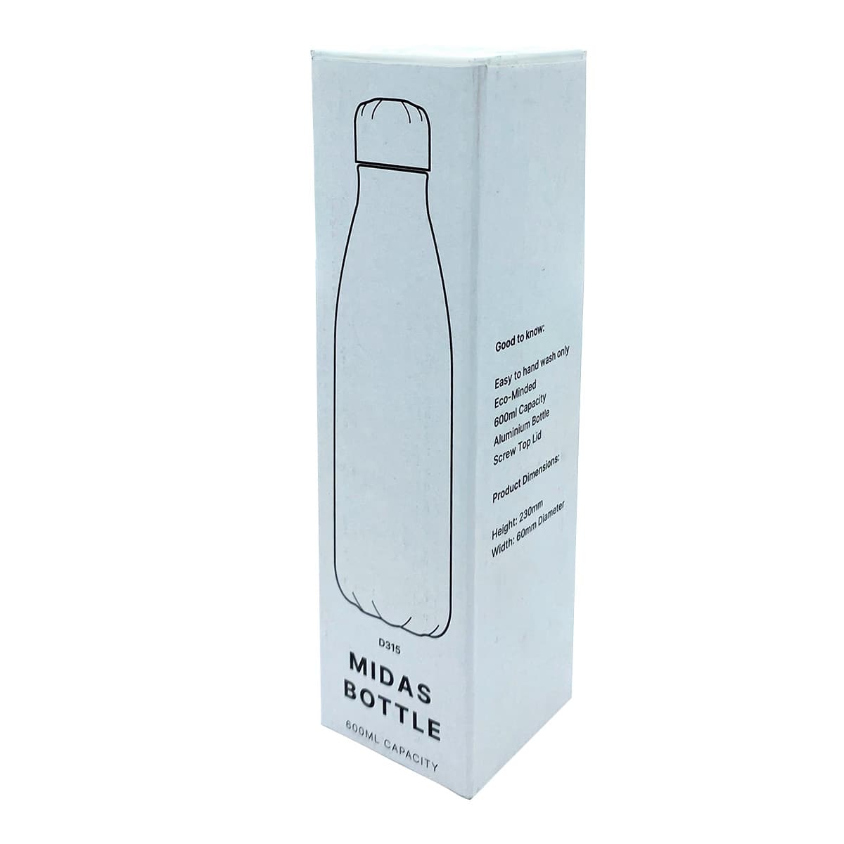 A drink bottle in a white box featuring a simple design, labelled as 