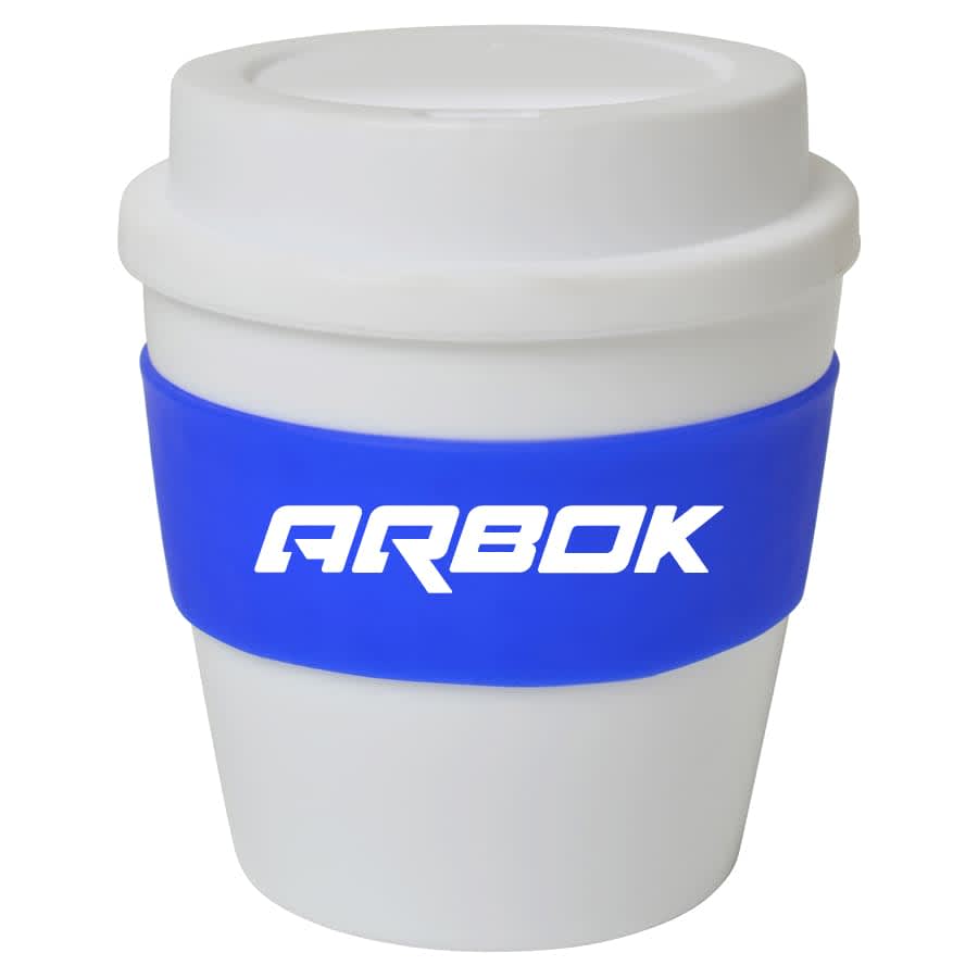 A drink bottle with a white body and blue silicone band, featuring a logo on the band.