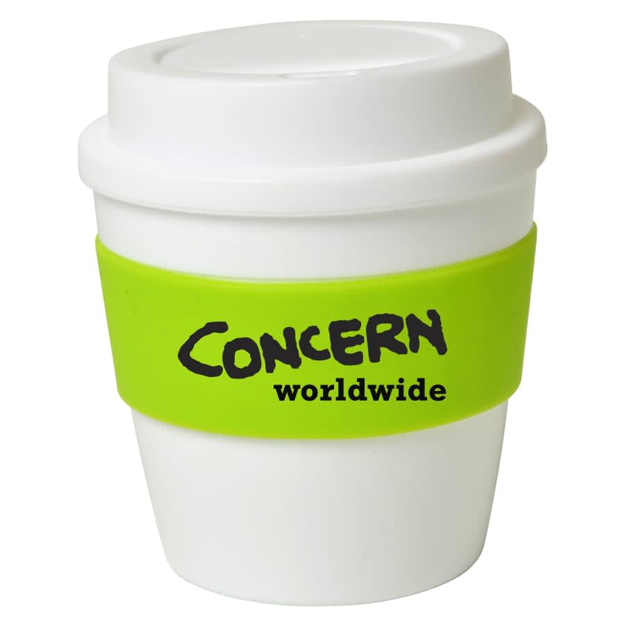 A small white cup with a green silicone band, featuring a logo on the band.