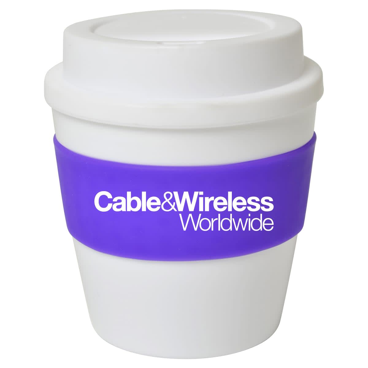 A drink cup featuring a white body and a purple silicone sleeve, with a logo on the front.