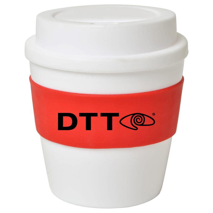A drink bottle styled in white with a red silicone band and a logo on the surface.