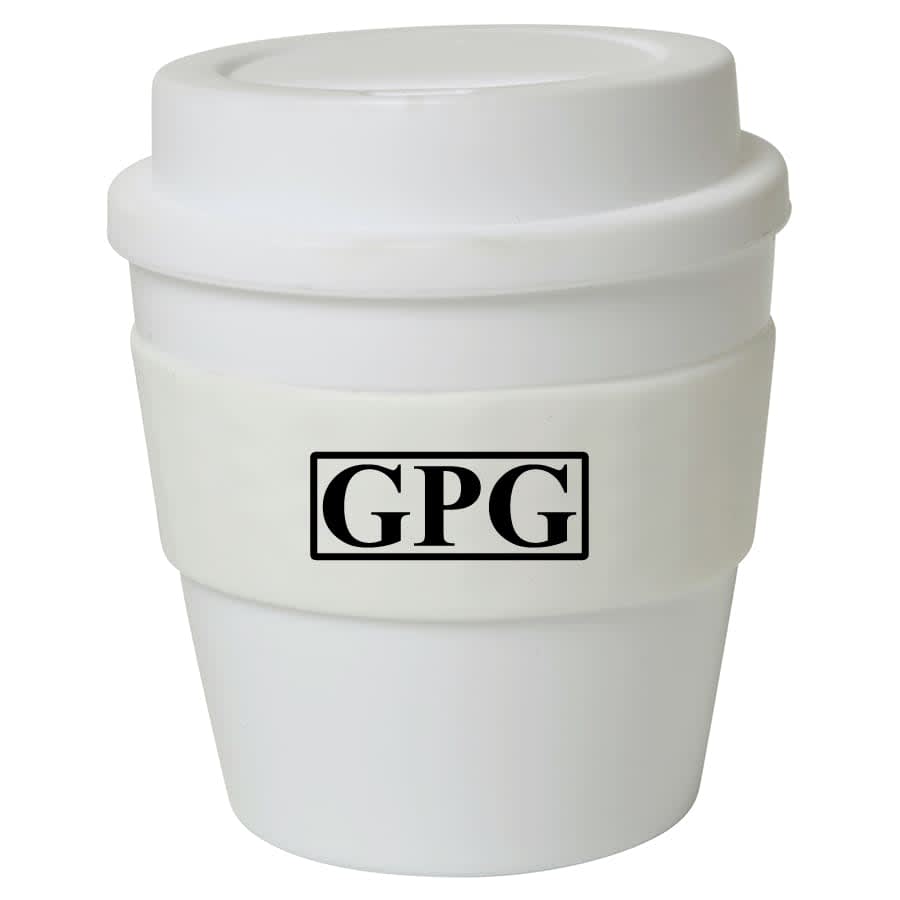 A drink bottle in white with a matching lid and a black logo, featuring an insulated grip band.