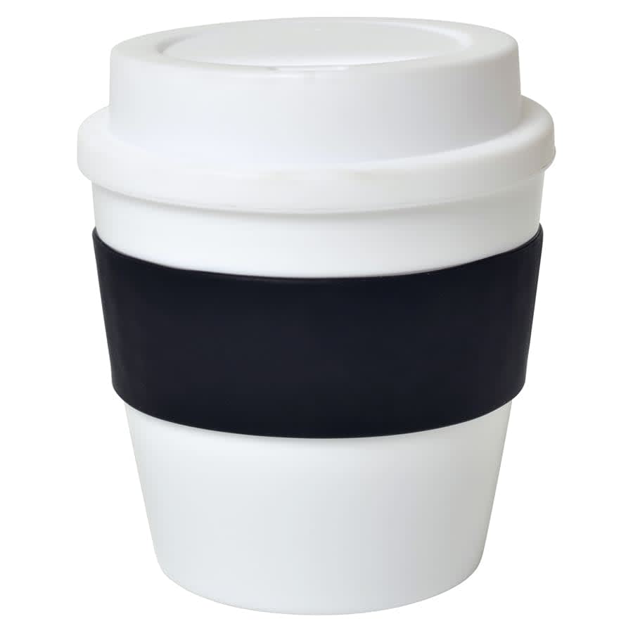 A drink bottle in white with a black silicone band around its middle. It has a lid and a simple design.