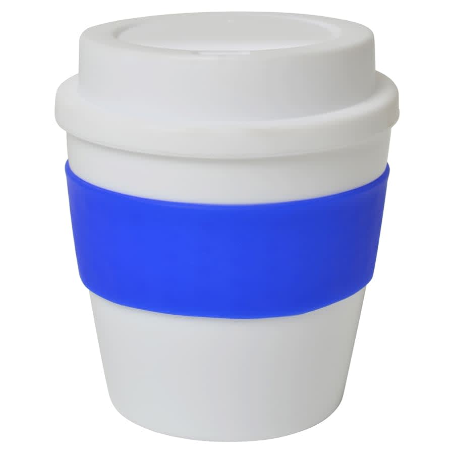 A drink cup in white with a blue silicone band, featuring a lid and a simple design. It has a logo on the surface.