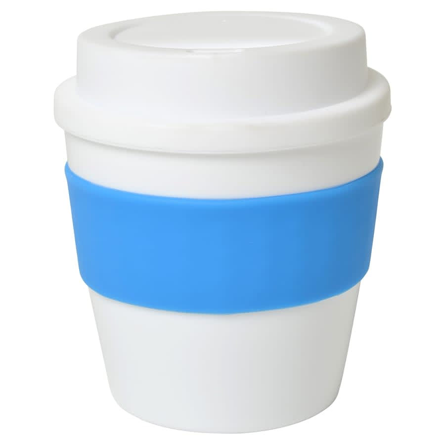 A drink bottle with a white body and blue silicone band, featuring a lid. It has a simple design and branding.