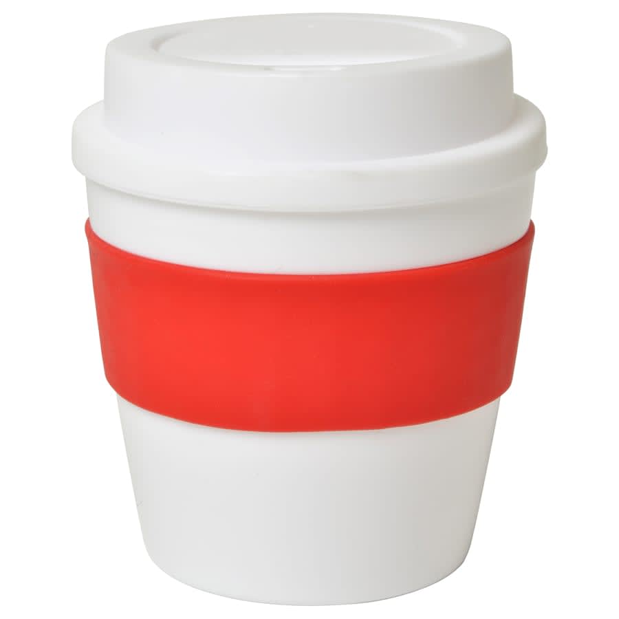 A drink cup in white with a red silicone band, featuring a lid and a smooth finish. It has a logo on the side.