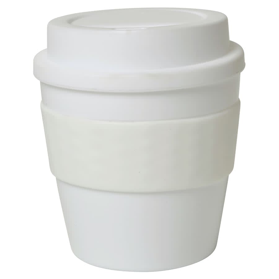 A white Kool 235mL cup with a removable white silicone band and a lid, featuring a simple design.