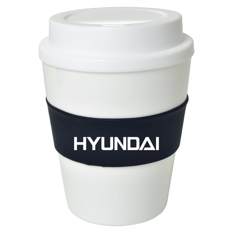 A large white cup with a black silicone band, featuring a logo. Ideal for drinks on the go.