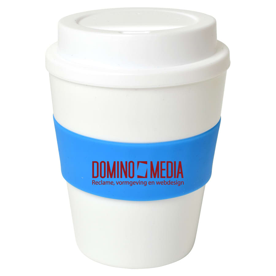 A large white drink cup with a blue silicone grip and a logo on the front.