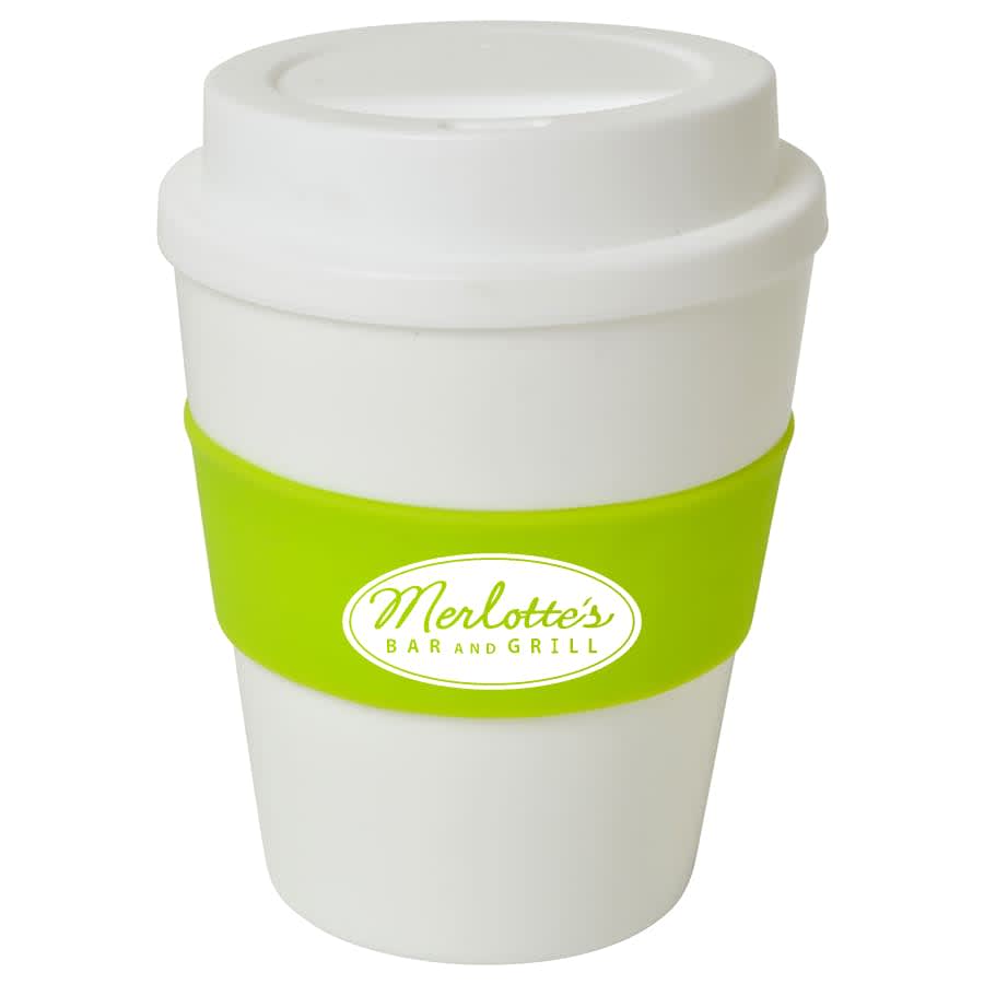A drink cup with a white body, green silicone band, and a lid, featuring a logo.