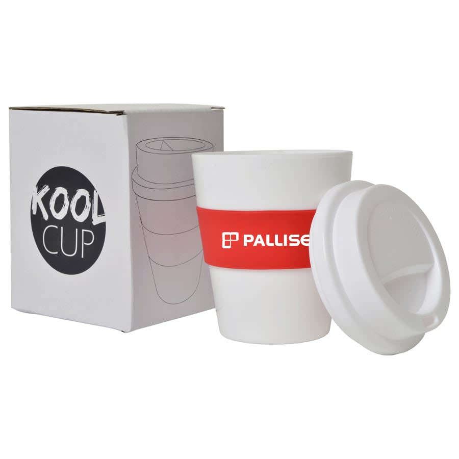 A drink bottle in white with a red band, accompanied by a white lid and a box featuring a logo.