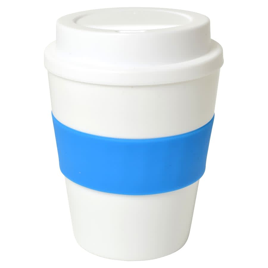 A drink bottle in white with a blue silicone grip and a matching lid, featuring a logo on the side.