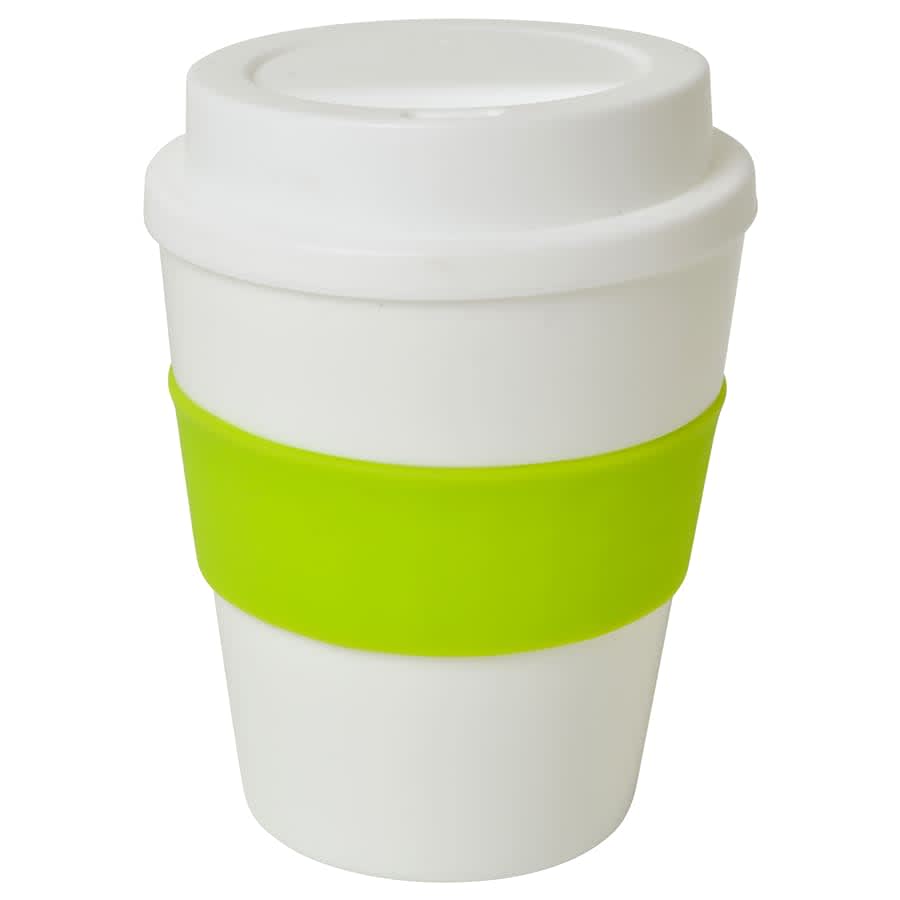 A large white cup with a green silicone band and a lid, featuring a logo.