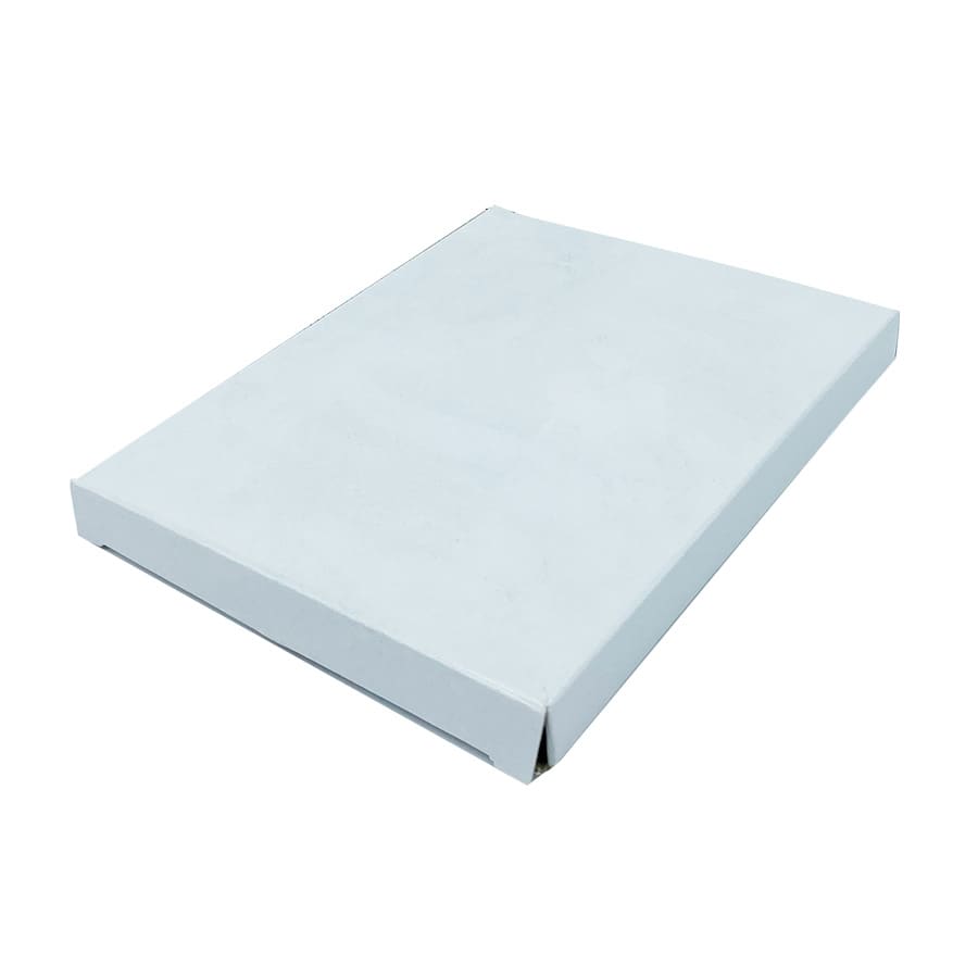 A flat, white promotional box with a simple design, suitable for packaging.