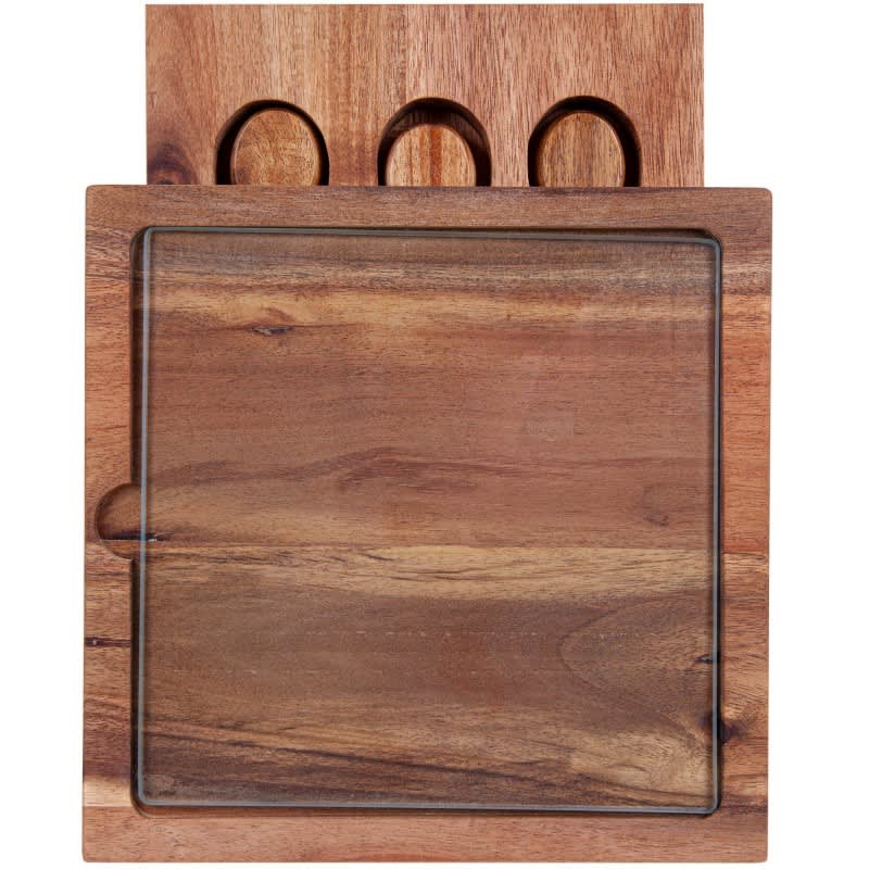 A wooden cheese board with a glass top and three circular cutouts for knives, featuring rich brown tones.