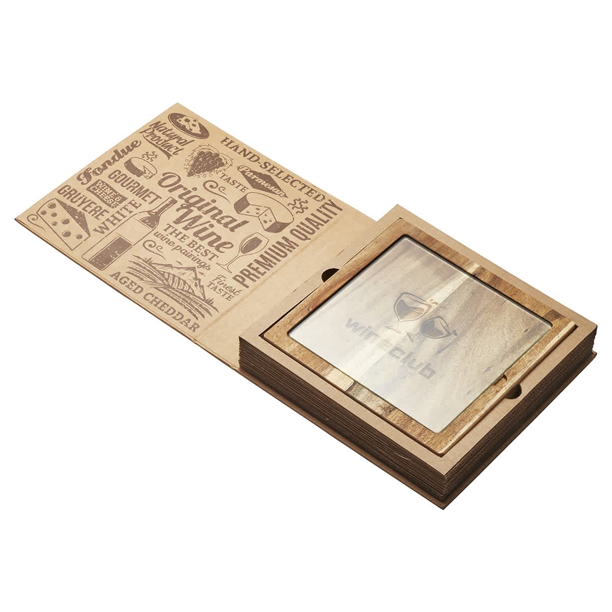 A wooden cheese board with a glass top and an accompanying knife, featuring light brown tones and a branded design.