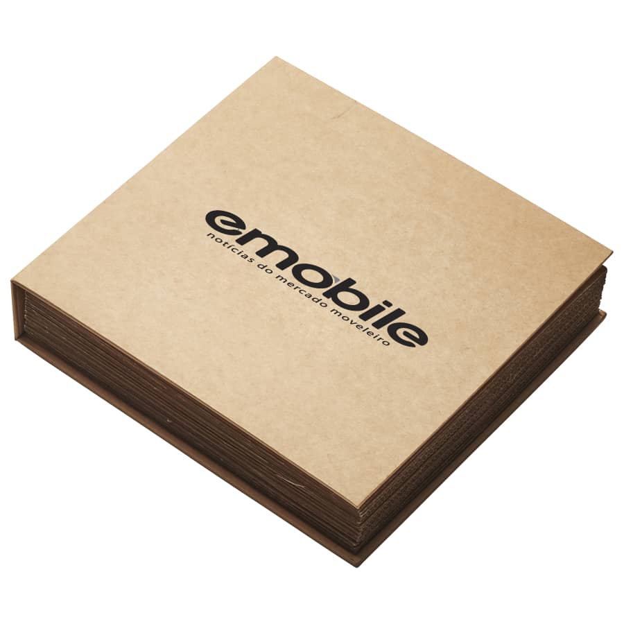 A brown square binder with a black logo on the front cover, containing multiple pages for documents.