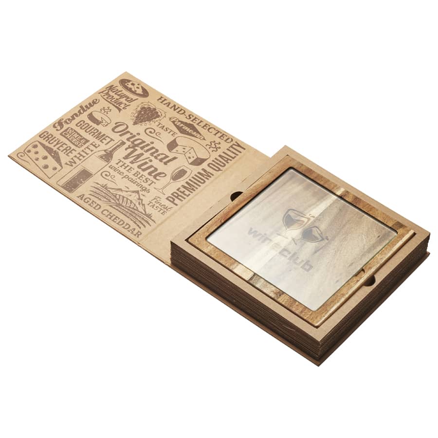A cheese board and knife set with a wooden presentation box featuring a glass top and branding, in natural colour tones.