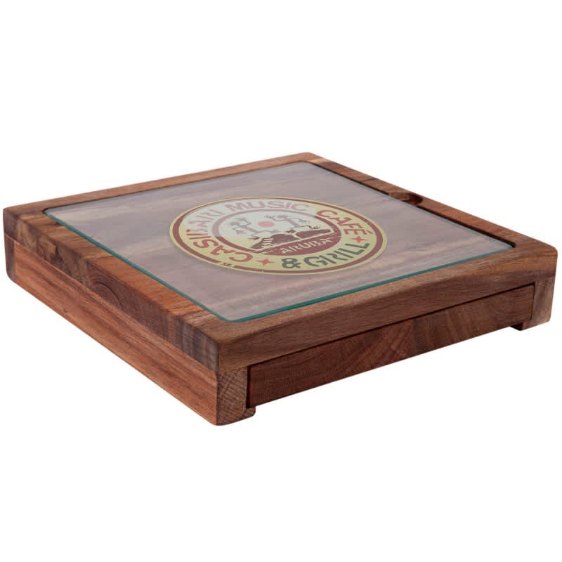 A cheese board and knife set featuring a wooden base with a glass top and a logo design.