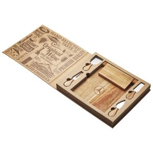 A wooden cheeseboard and knife set featuring various utensils, with a decorative engraved design.