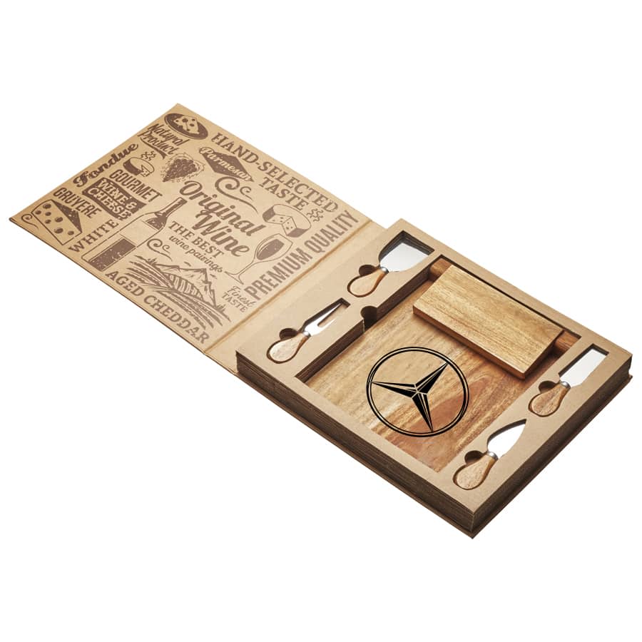 A wooden cheeseboard and knife set featuring engraved designs and a logo, with compartments for knives and accessories.
