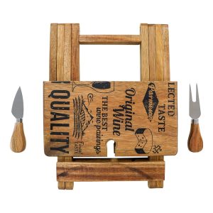 A foldable wooden cheese and wine board in light brown with two stainless steel cheese knives.