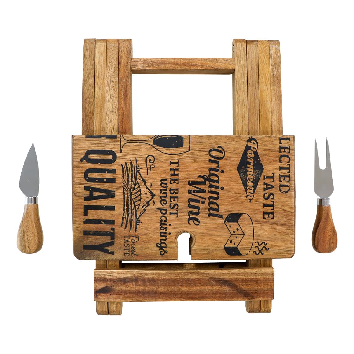 A foldable wooden cheese and wine board in light brown with two stainless steel cheese knives.