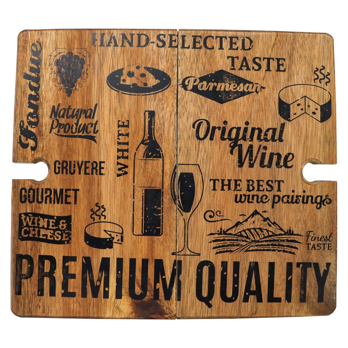 A wooden foldable cheese and wine board featuring black engravings of wine, cheese, and text related to tasting quality.