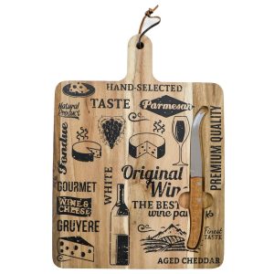 A wooden cheeseboard with various food and wine-related graphics and a knife, featuring a natural finish and a hanging loop.