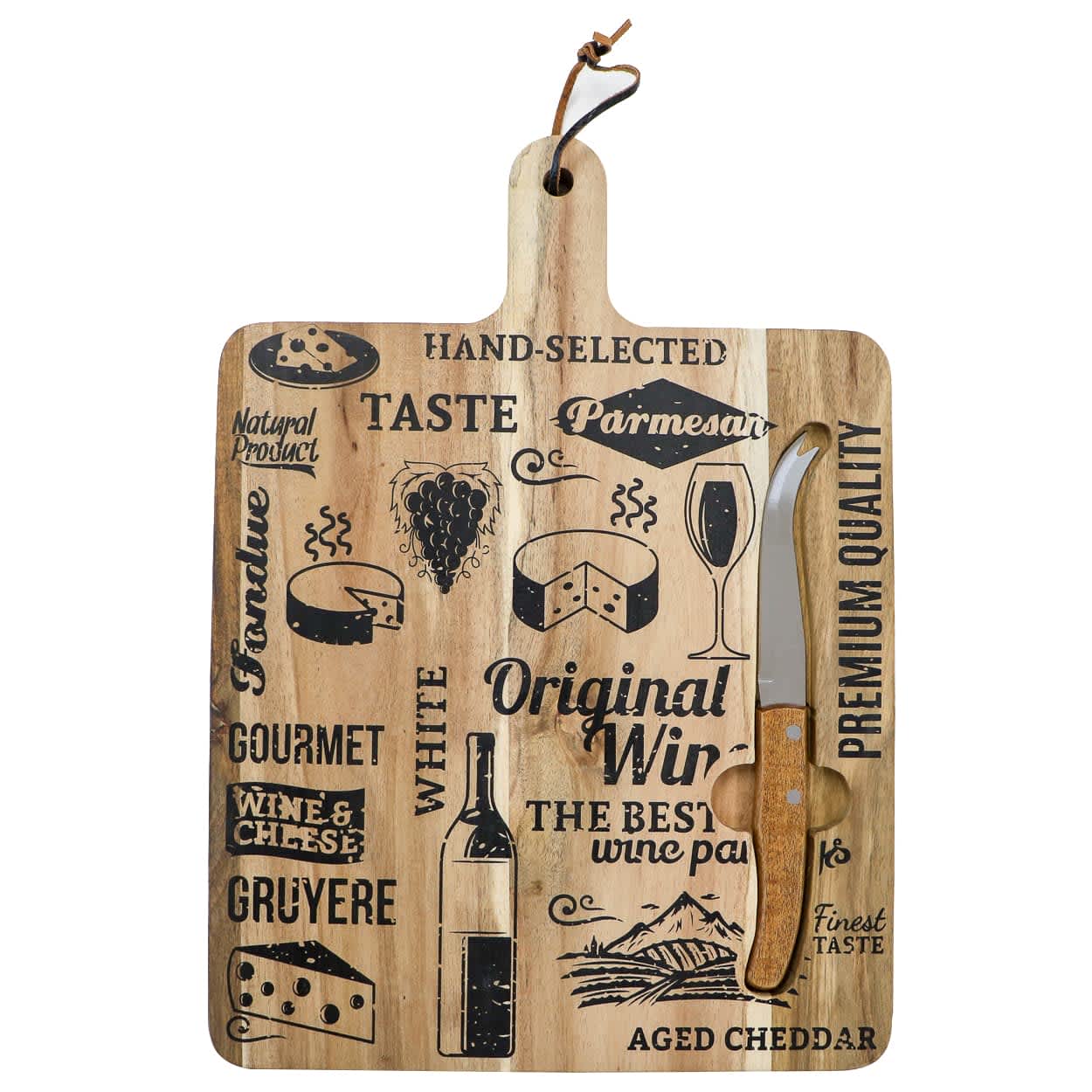 A wooden cheeseboard with various food and wine-related graphics and a knife, featuring a natural finish and a hanging loop.