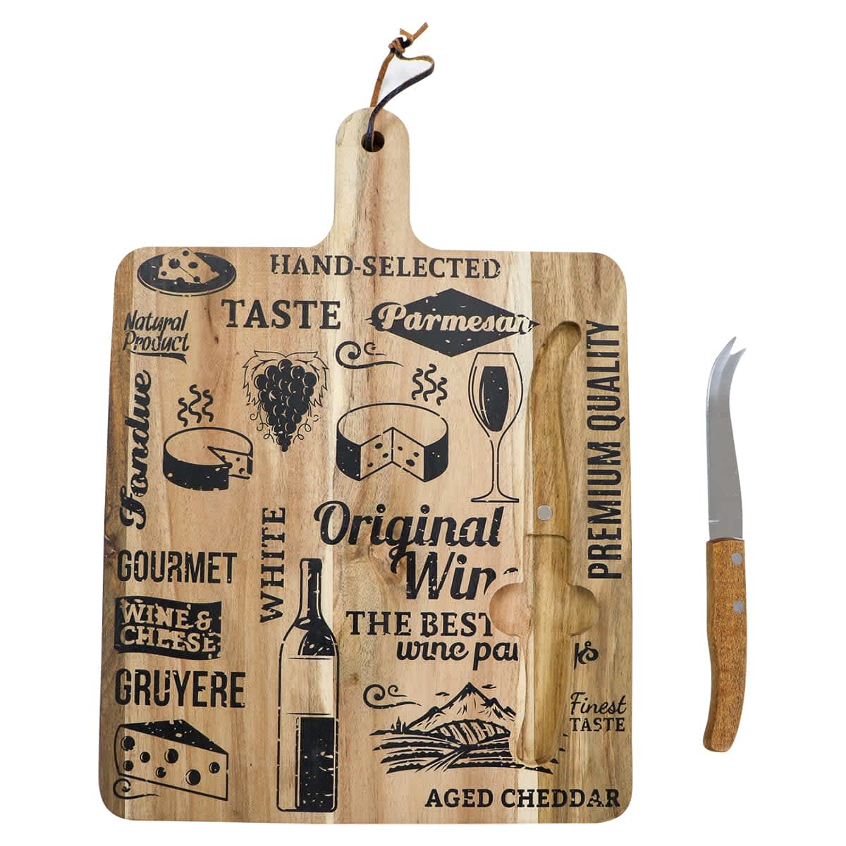 A wooden cheeseboard featuring various food and beverage illustrations, accompanied by a cheese knife with a wooden handle.