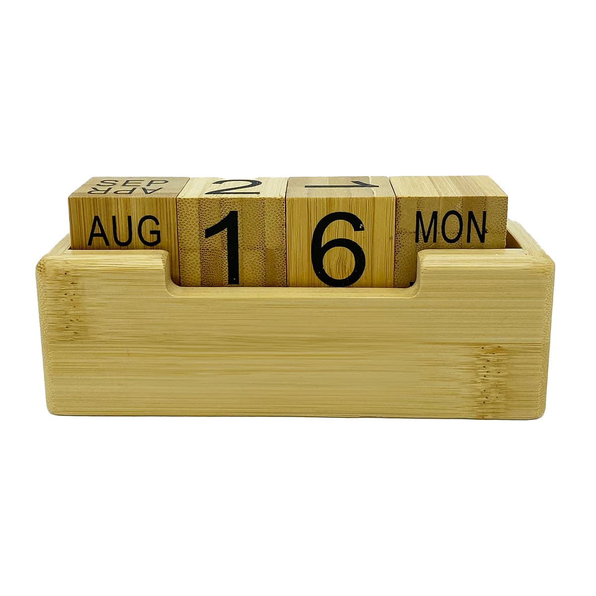 A bamboo perpetual calendar featuring cubed date and month blocks in a natural wood holder.