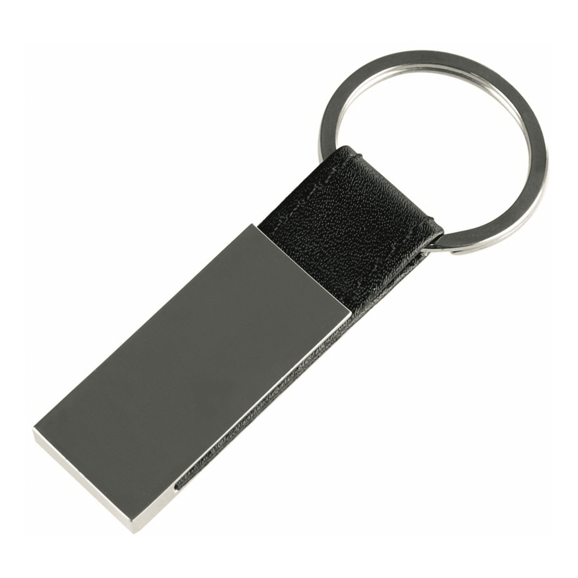 A leather keychain in black, featuring a sleek metal rectangular attachment and a round keyring.