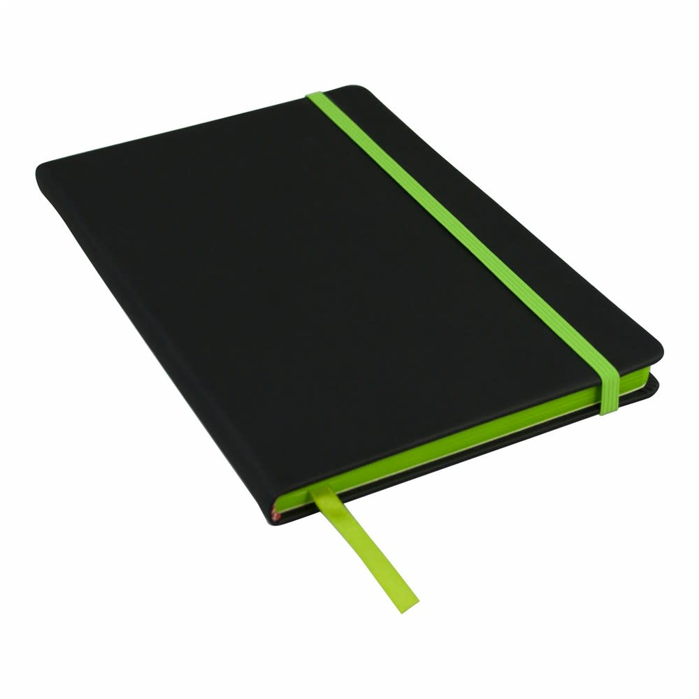 A black A5 journal with a green elastic band and ribbon bookmark. Features a sleek, minimalist design.