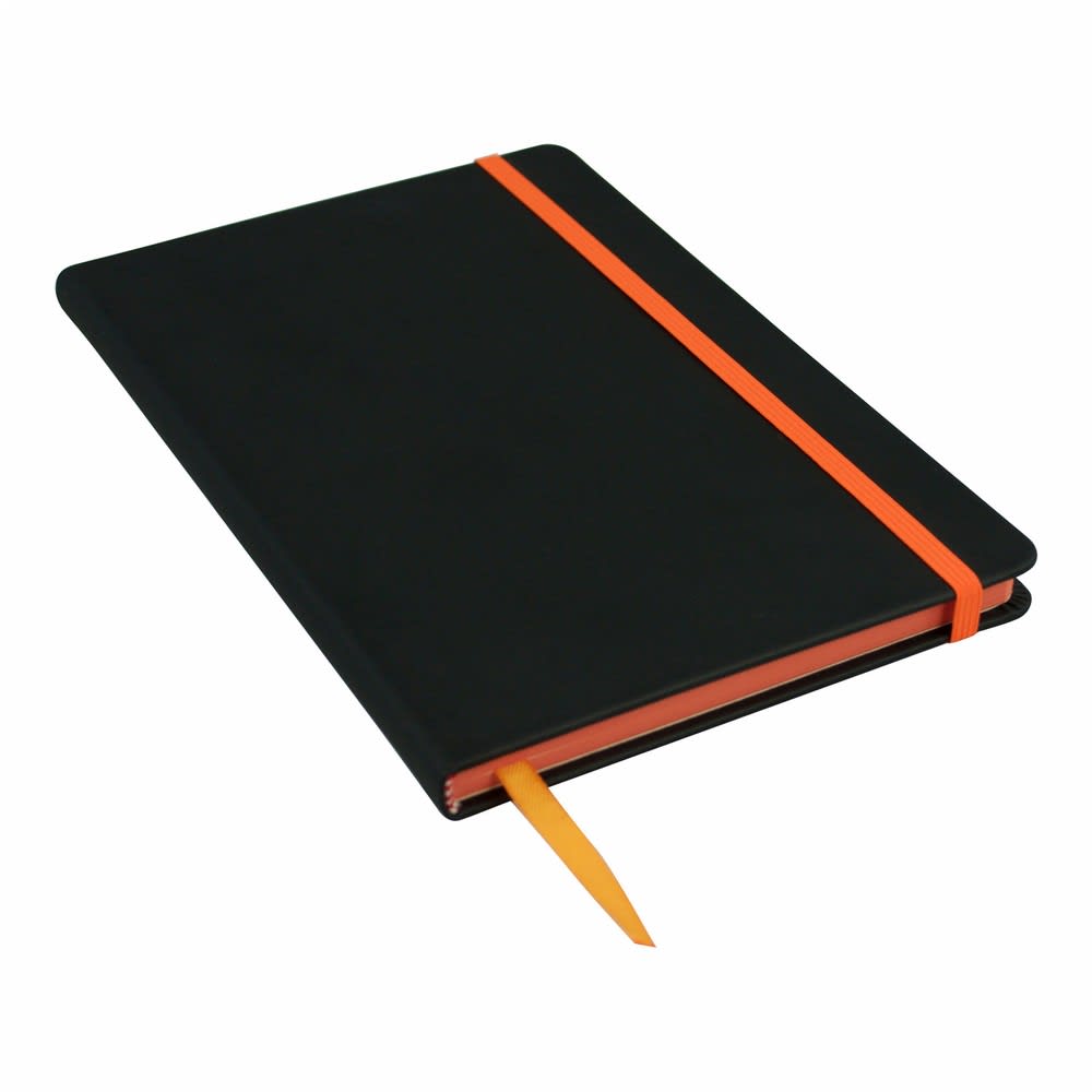 A black A5 journal with an orange elastic band and a matching ribbon bookmark. It features a logo on the cover.