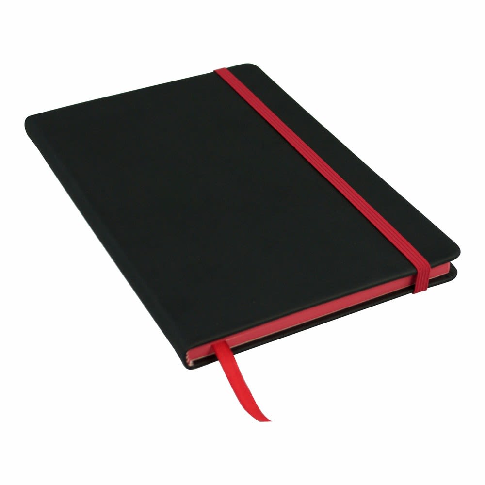 A black A5 journal with a red elastic band and ribbon marker, featuring a simple design and a logo on the cover.