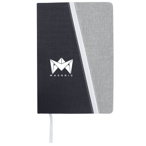 A notebook featuring a grey and black cover with a logo and a white geometric design. It includes a ribbon bookmark.