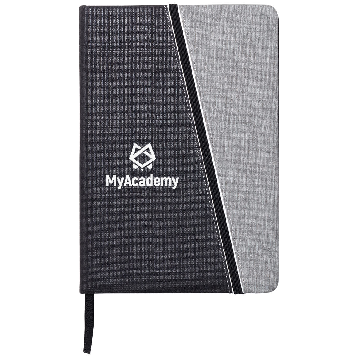 A stylish notebook featuring a black and grey design, with a logo on the front and an elastic band closure.
