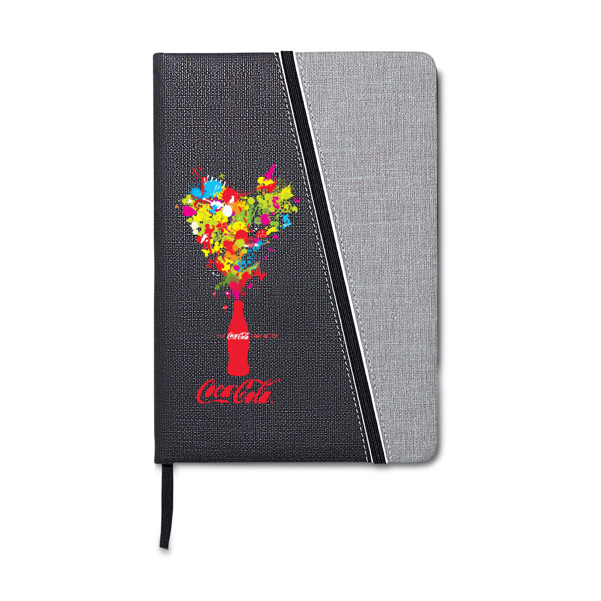 A notebook with a black and grey cover featuring a colourful heart design and a logo, complete with a ribbon marker.