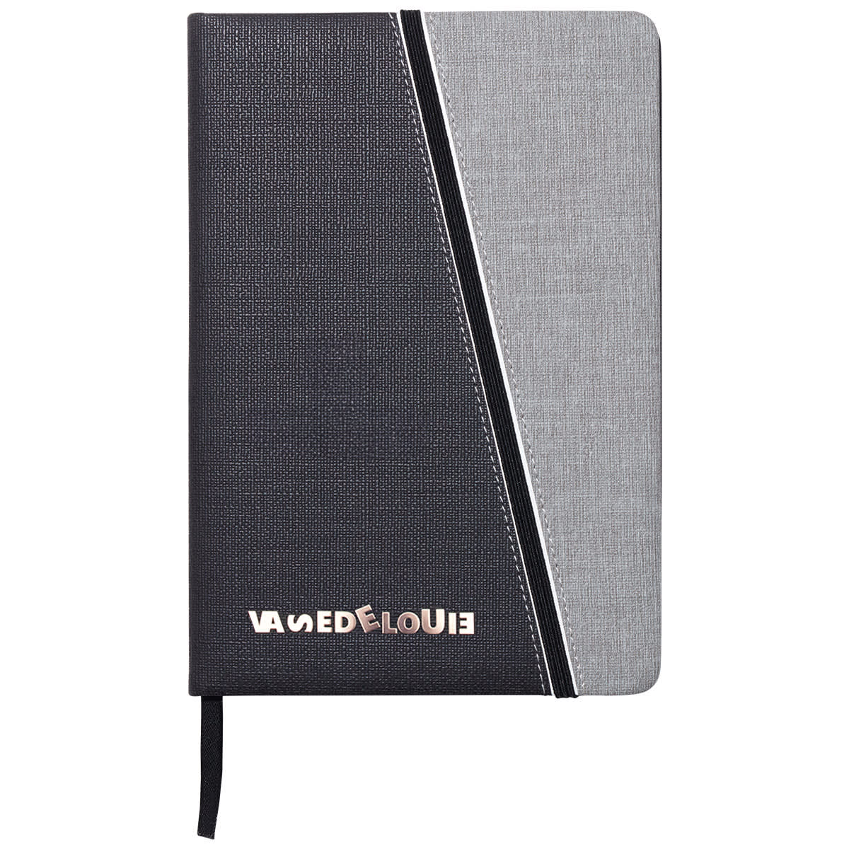 A notebook with a grey and black textured cover, featuring a branding logo and a contrasting design.