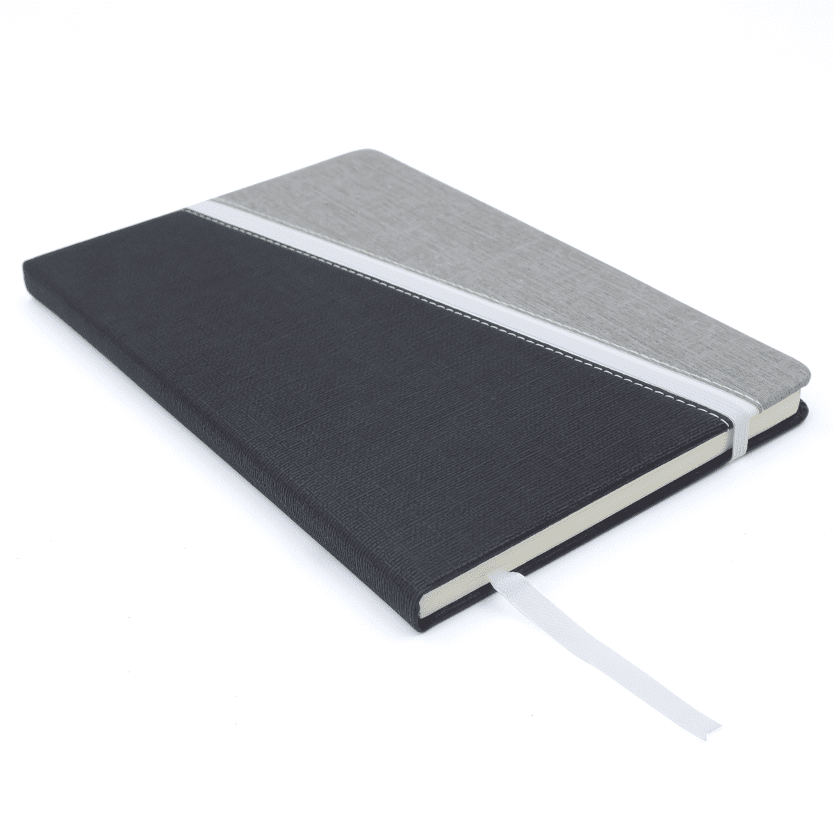 A notebook featuring a grey and black cover with a ribbon bookmark and a branding logo.