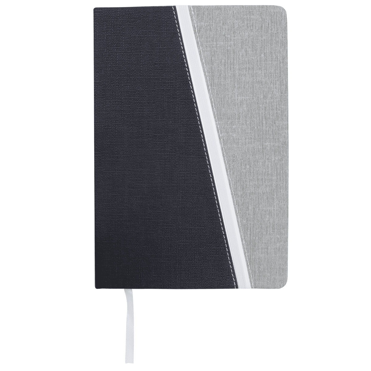 A stylish notebook featuring a navy blue and grey design, with a sleek white band and a ribbon bookmark.