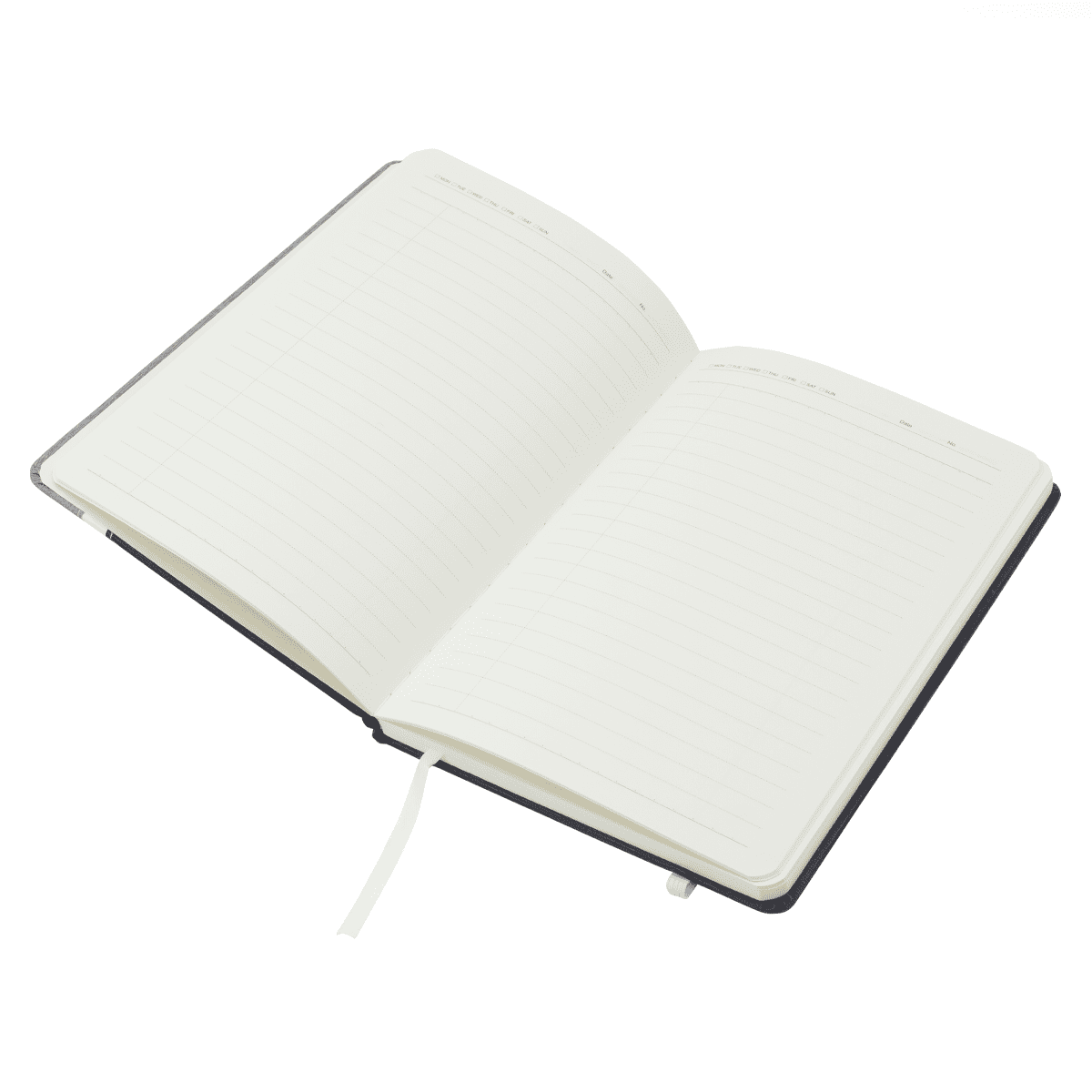 An open Crosswise Notebook with a grey cover and lined pages, featuring a bookmark ribbon.