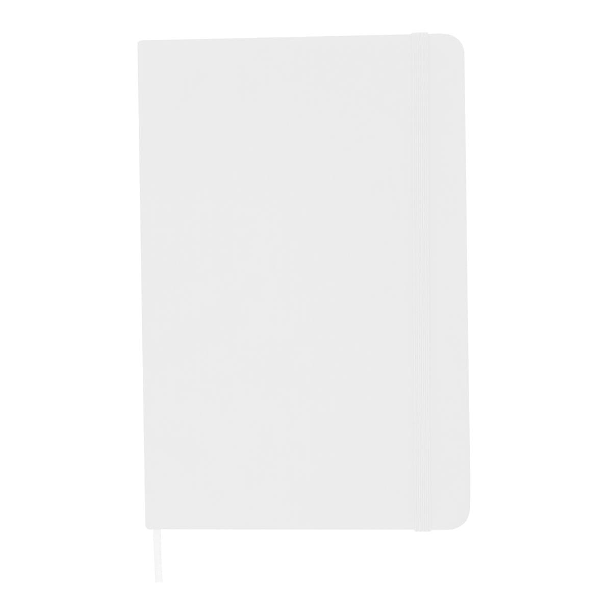 A white A5 notebook with a textured cover, an elastic band closure, and a ribbon bookmark. It features a logo.