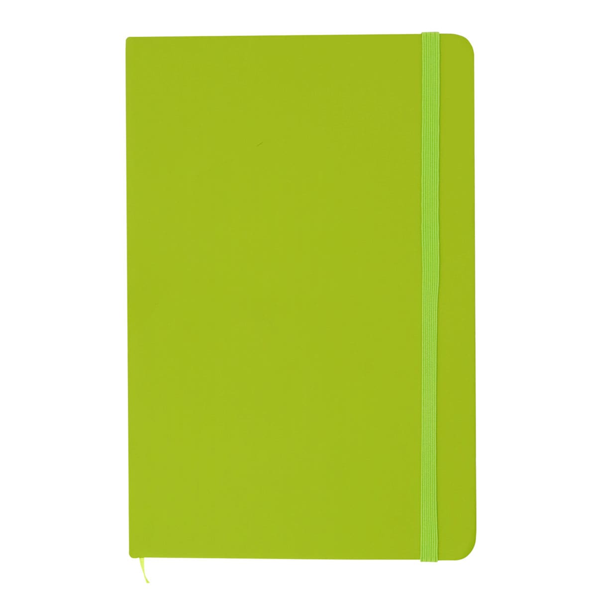 A green A5 notebook with a textured cover and an elastic band closure, featuring a branding logo.