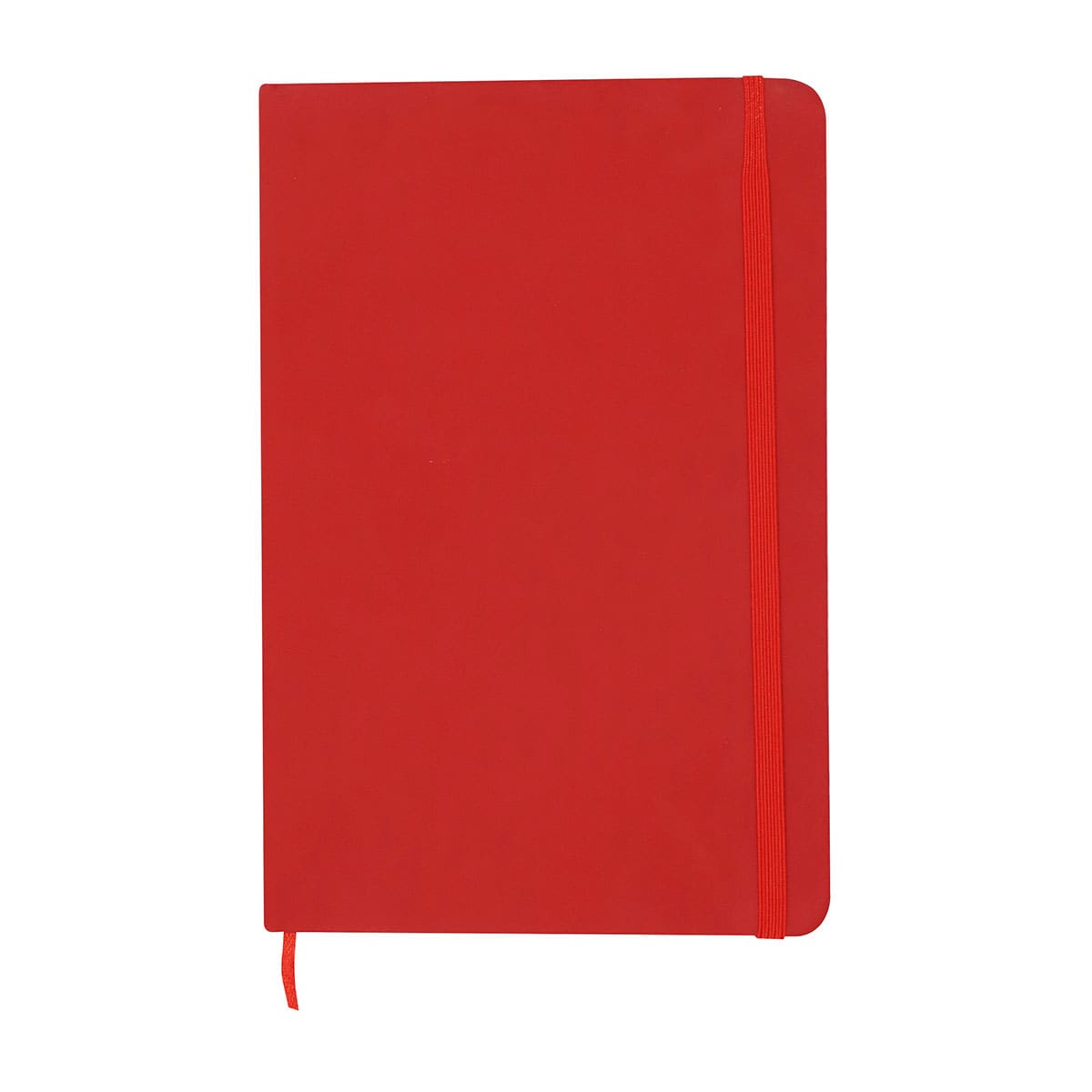 A red A5 notebook with a matching elastic band and a ribbon bookmark. Features a simple, solid cover design.