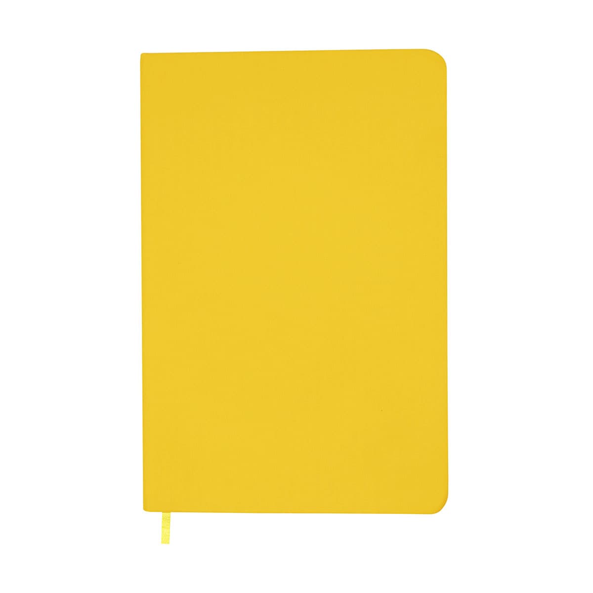 A yellow A5 notebook with a smooth cover and a matching ribbon bookmark. Features a logo on the front.